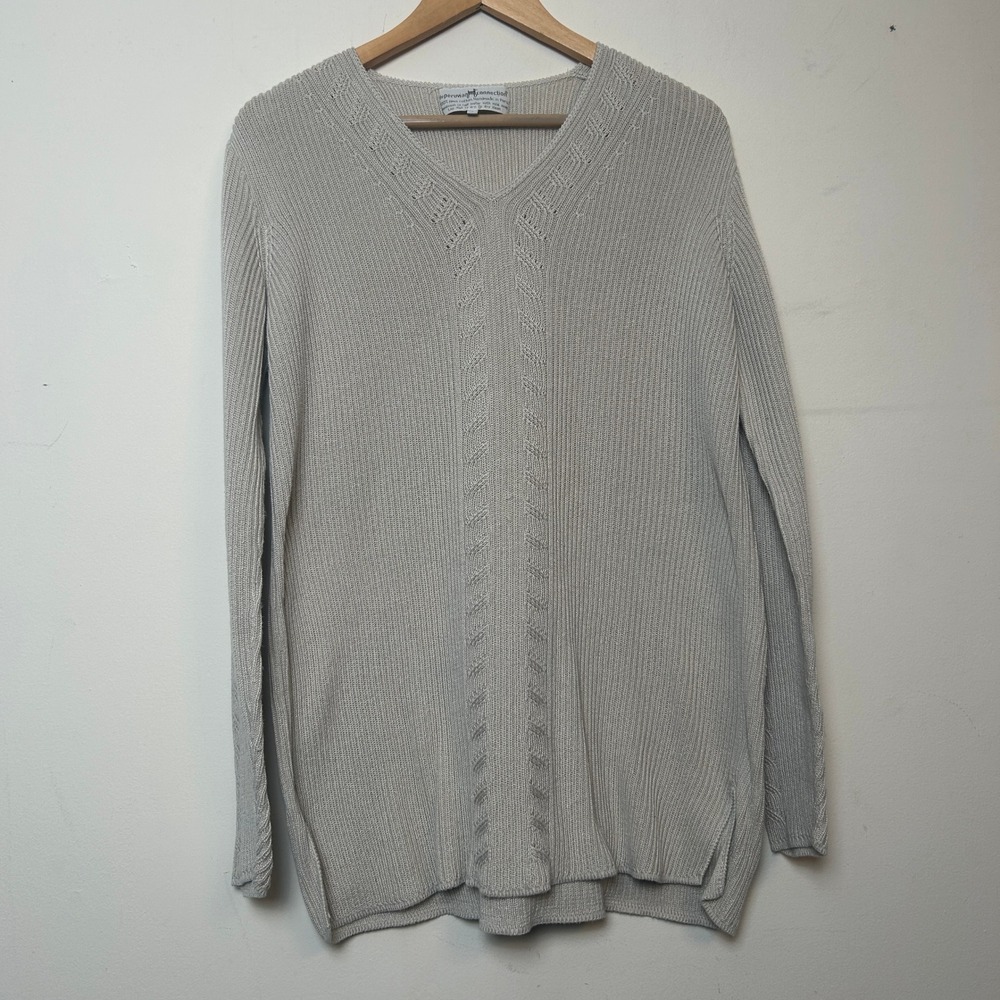 Peruvian Connection Pima Cotton Cable Knit‎ V-Neck Sweater Beige Large Excellent